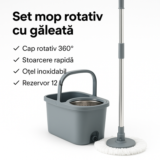 Set mop rotativ cu găleată, 12 L -stoarcere rapidă,mâner din oțel inoxidabil